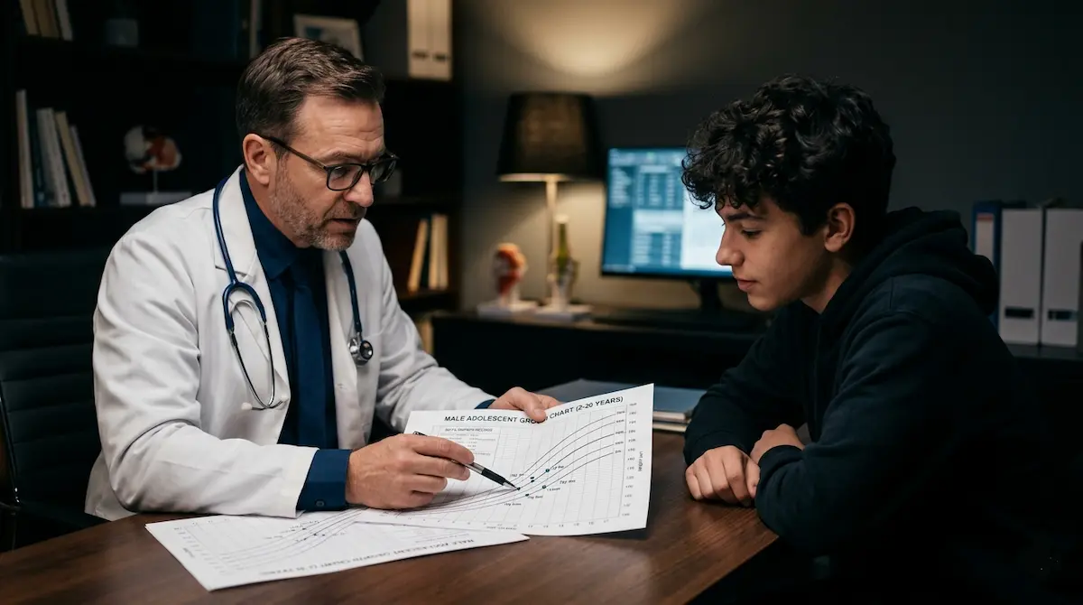 Images of a doctor analyzing a teenager's growth charts.