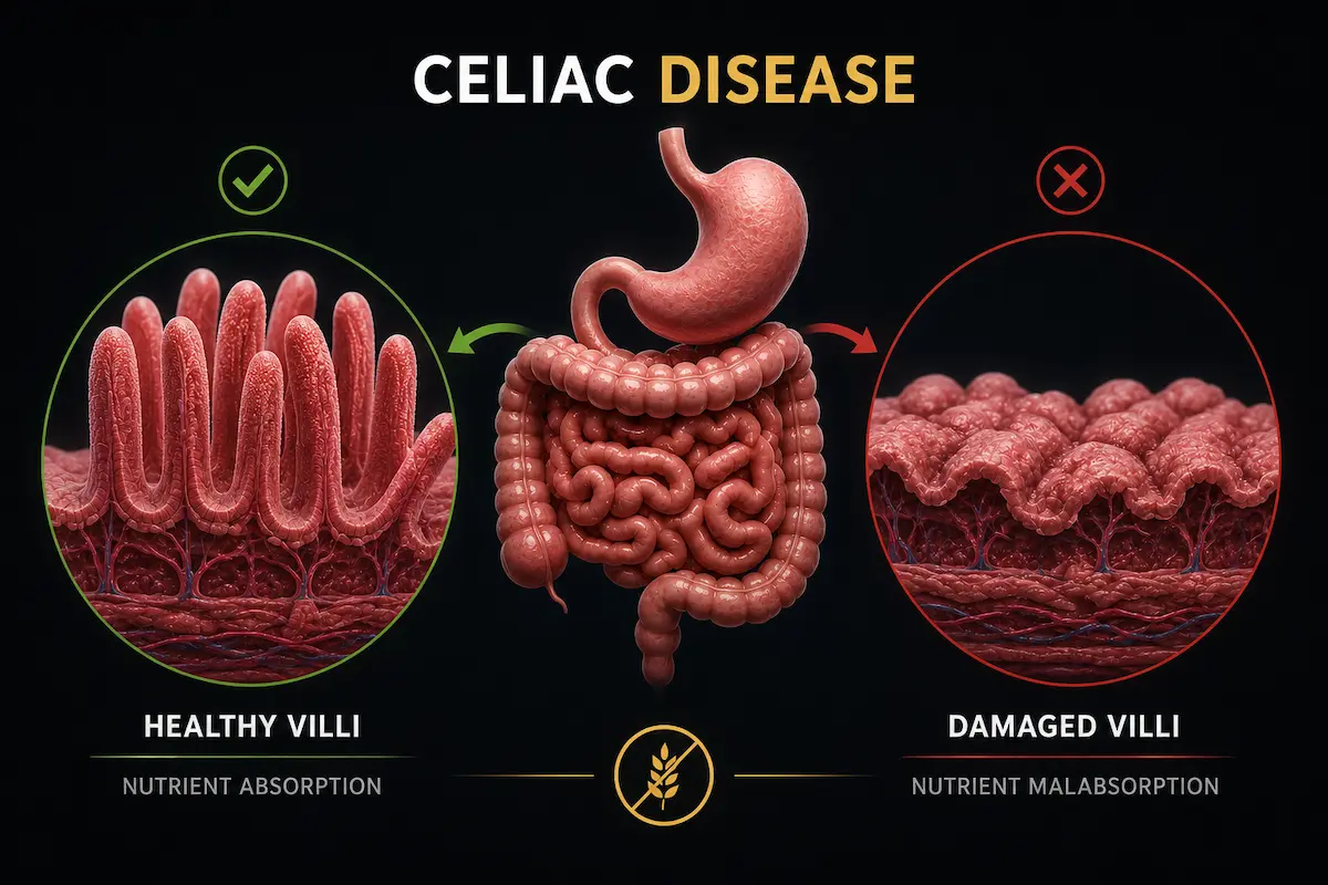 Illustration of celiac disease intestines.